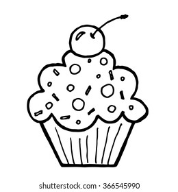 Cupcake with cherry on white background. Free hand drawn. Vector illustration.