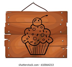 Cupcake with cherry on wooden plank background. Free hand drawn. Vector illustration.