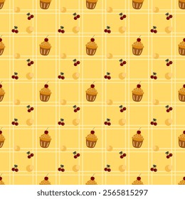 Cupcake, cherry, on yellow background, white grid , fabric pattern, notebook pattern, gift wrap paper
