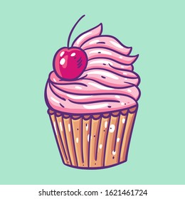Cupcake cherry and pink cream. Hand draw vector illustration. Cartoon style. Isolated on green background.