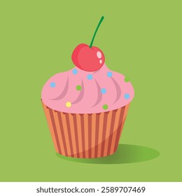 cupcake with cherry and pink cream, cupcake, muffin, cream, whipped cream