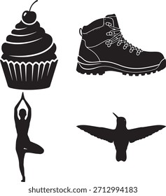 Cupcake mit Kirschsilhouette, Wanderstiefel, Yoga-Pose und Kolibri-Symbolen. Die Kollektion umfasst Dessert, Aktivitäten im Freien, Wellness und Naturkonzepte. Ideal für verschiedene Designs.