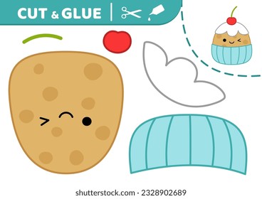 Cupcake with cherry. Squishmallow. Cut and glue. Applique. Paper game. Cupcake. Kawaii, cartoon. Isolated vector illustration eps 10