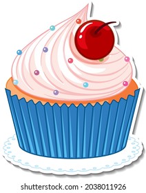 Cupcake with cherry sticker isolated on white background illustration