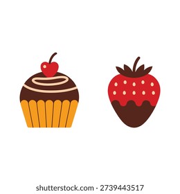Cupcake with cherry and strawberry dessert vector, sweet bakery icon for birthday invitation, cafe menu, cute sticker, pastry design