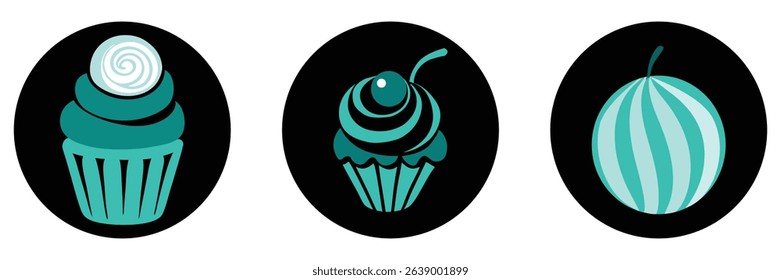 Cupcake cherry swirl candy fruit dessert sweet snack bakery decoration icon pastry treat striped melon graphic vector black background.