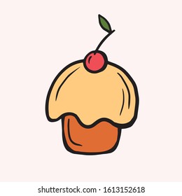 Cupcake with a cherry. Vector color illustration in cartoon style. Doodle style cake drawing.