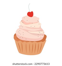 Pastel con cereza. Ilustración plana vectorial. Muffin con crema batida. Estilo de caricatura. Para tarjetas de cumpleaños, invitaciones. Para tarjetas de cumpleaños, invitaciones.