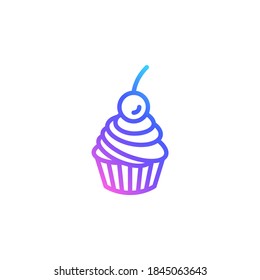Cupcake with a cherry vector icon in bright color gradient. Cute cupcake isolated on white background. Line art in blue, violet and pink. Vector illustration.