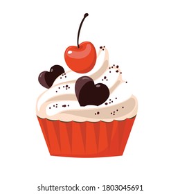 Pastel con cereza. Ilustración vectorial en un fondo blanco aislado.