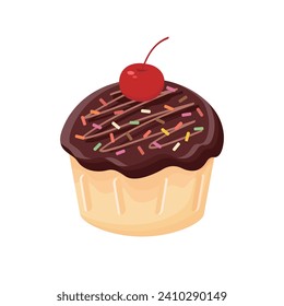Pastel con ilustración vectorial de cerezo sobre fondo blanco. Postre dulce de pastelito de chocolate.