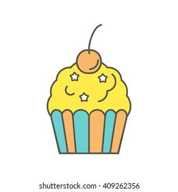 Cupcake with cherry. Vector line illustration. Isolated on a white background.