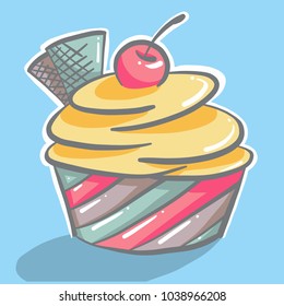 Cupcake with cherry and waffers
