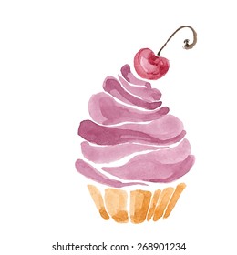 Cupcake with cherry. watercolor illustration