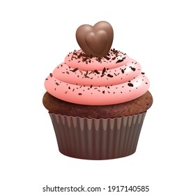 Cupcake With Choco Heart. Isolated Muffin, Chocolate Bake Dessert. Sweet Cream Food, Realistic Biscuit And Candy Vector Illustration