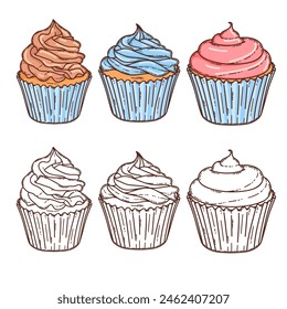 Cupcake with chocolate and berry cream dessert vector hand drawn coloring page for coloring book. Bake sweet dessert product. 