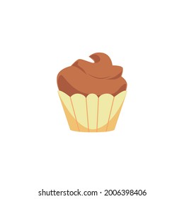 Cupcake with chocolate brown cream, flat vector illustration isolated on white background. Cartoon icon of famous cupcake or muffin dessert baked in paper cup.