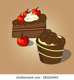 Cupcake and Chocolate cake topping with cherries