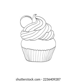 Cupcake with chocolate chip biscuits. Painted lines on a white background.  Coloring page. Vector sketch