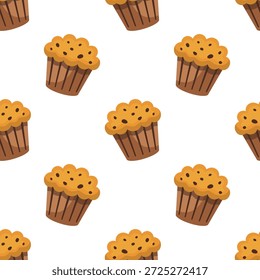 Cupcake com batatas fritas de chocolate padrão sem costura no fundo branco. Desenhado à mão ilustração de muffin de vetor de desenhos animados