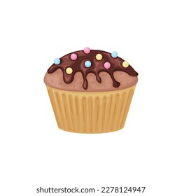 Cupcake. Chocolate cupcake with confetti. Chocolate cake. Sweet dessert. Vector illustration isolated on a white background