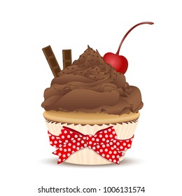 Cupcake with chocolate cream, with a cherry on top and chunks of chocolate , vector illustration. Drawing of dessert isolated on white background