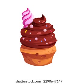 Cupcake with Chocolate Cream and Pastry Sprinkles. Realistic Sweet Dessert. Food Icon. Vector Illustration in Cartoon Style.