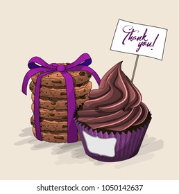 Cupcake with chocolate cream in purple paper cup, with text Thank You, and stack of brown cookies with violet ribbon, vector illustration, eps 10 with transparency