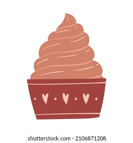 Cupcake with chocolate cream, sprinkles and hearts. Sweet food, pastries. A decorative element for Valentine's Day. Simple flat color vector illustration isolated on white background