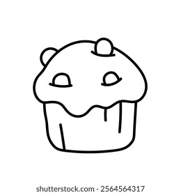 Cupcake with chocolate crumbs, cupcake with raisins. Black and white illustration, hand drawn coloring.