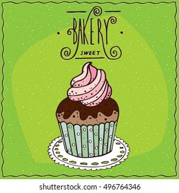 Cupcake with chocolate and decoration of whipped cream, lie on a lacy napkin. Green background and ornate lettering bakery. Handmade cartoon style. Vector illustration