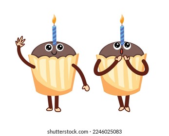 Cupcake chocolate flavored vector character mascot with facial expression and hand gesture isolated on plain white background. Cute sweet food drawing with simple flat art style. 