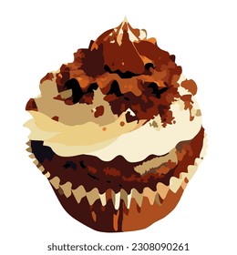 A cupcake with chocolate frosting and a brown wrapper. Cupcake, chocolate , cake, dessert, sweet