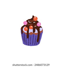 Cupcake with chocolate frosting icon. Sweet muffin in wrapper. Small biscuit cake. Dessert, pastry food. Confectionery with icing. Flat isolated hand drawn vector illustration on white background