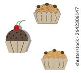Cupcake chocolate icon. Muffin cherry topping. Sweet bakery vector. Tasty snack dessert.