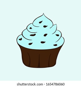 Cupcake with chocolate sprinkles isolated. Sweet Dessert with blue cream. Vector illustration.
