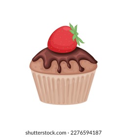 Cupcake. Chocolate cupcake with strawberries. Strawberry chocolate cake. Sweet dessert. Vector illustration isolated on a white background