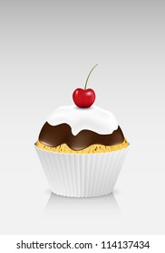 Cupcake with chocolate, white creme and a cherry on top.
