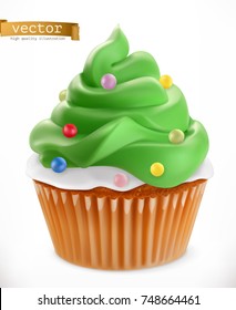 Cupcake. Christmas Decorations, 3d Realistic Vector Icon