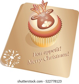 Cupcake Christmas deer. Vector image. Design dessert menus, brochures, banners, flyers.