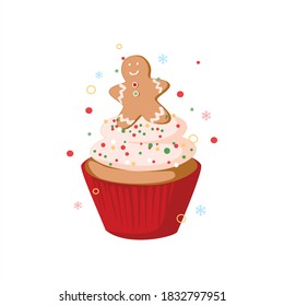 Cupcake for Christmas. Merry Christmas. Happy New Year. Sweets for the holiday. Preparation for holiday. Gift for loved ones. Postcard, sticker, print. Magic, happiness. Vector illustration isolated.