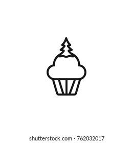 cupcake with a Christmas tree, linear icon