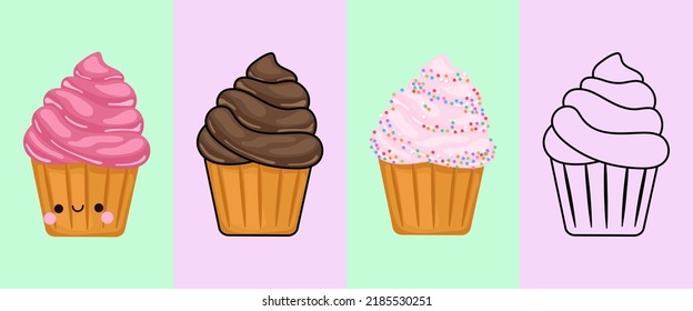 Cupcake Clipart Multicolored and Black and White. Beautiful Clip Art Cake. Vector Illustration of a Kawaii Sweets for Prints for Clothes, Stickers, Baby Shower, Coloring Pages.
