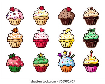 Cupcake clipart set, colorful cupcakes vector illustration, sweet clipart.