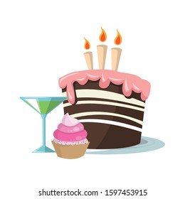 cupcake and cocktail with Birthday cake with candles icon over white background, colorful design, vector illustration