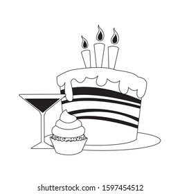 cupcake and cocktail with Birthday cake with candles icon over white background, flat design, vector illustration