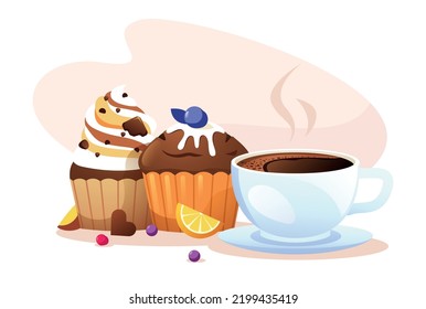 Cupcake and coffee. Cartoon muffins with cup of cappuccino, sweet morning food with hot beverage for restaurant cafe breakfast. Vector bakery illustration. Chocolate flavor pastry with cream and drink