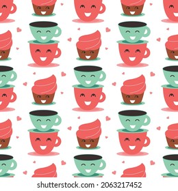 El pastel y el café son una textura. Los vasos dulces, un patrón sin costura, son buenos para las tiendas. La huella romántica en el fondo blanco aislado. El diseño creativo en una ilustración vectorial