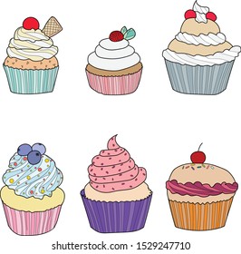 Cupcake collection set hand drawn vector illustration.wallpaper and background. Cartoon style. Design for decor, cards, print, web, poster, banner, t-shirt