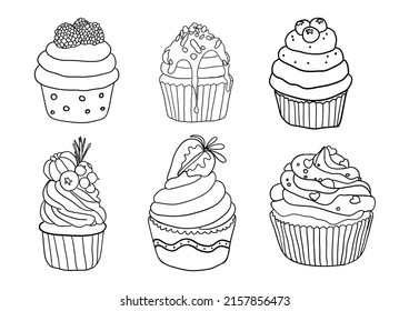 Cupcake collection set hand-drawn vector illustration. Cartoon style. Design for decor, cards, print, web, poster, and banner.